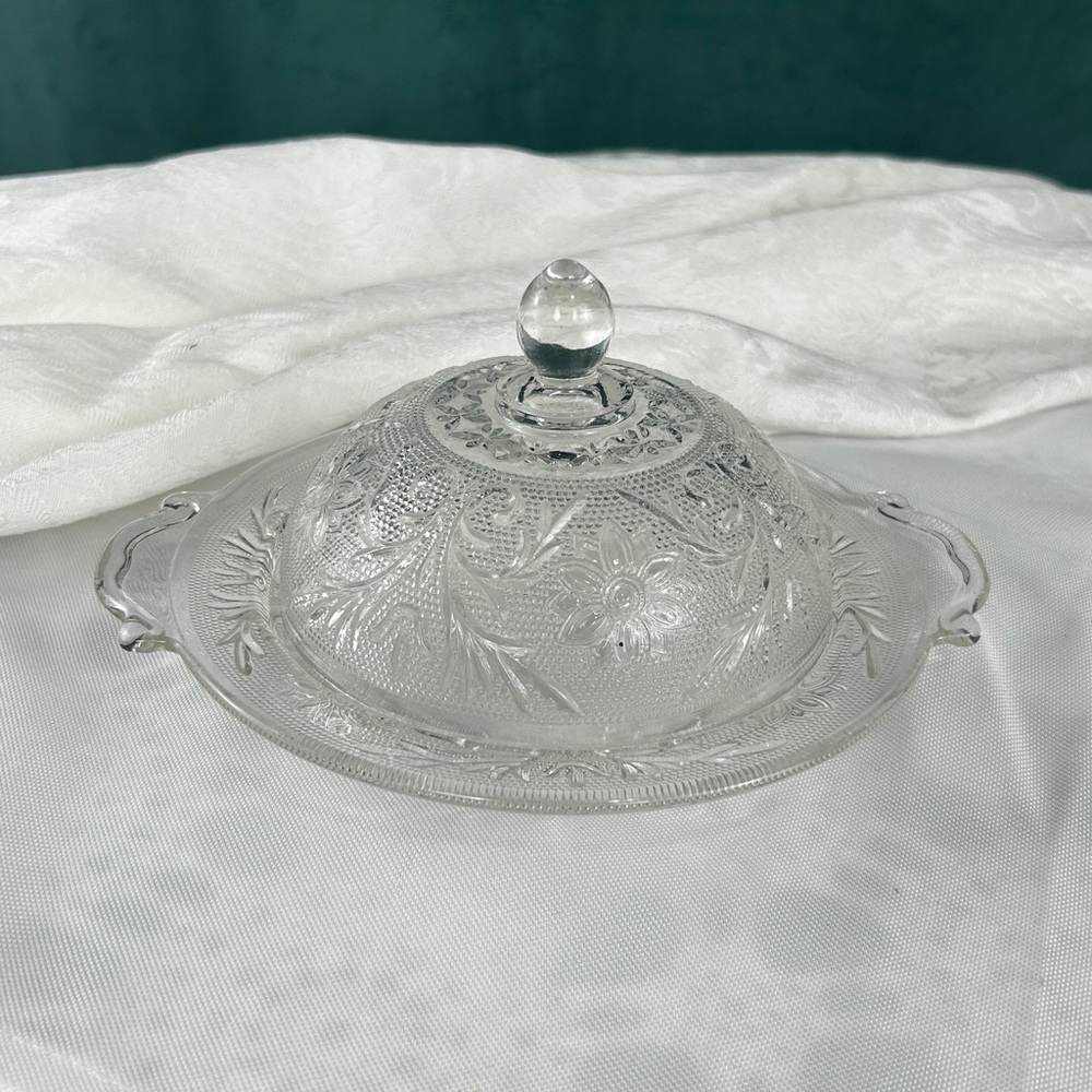 Vintage Delicate Patterned Pressed Glass Dish with Lid